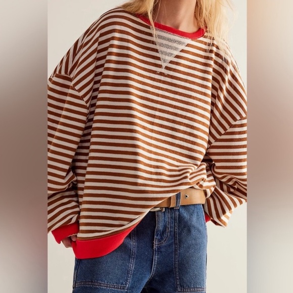 Free People Tops - Free People Brown and White Striped Sweatshirt